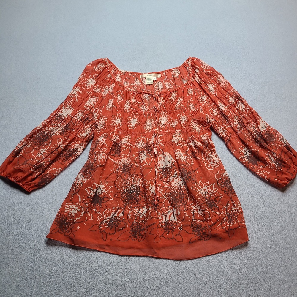 Studio M Blouse Womens XL Orange Excellent Floral Smocked Peasant Top